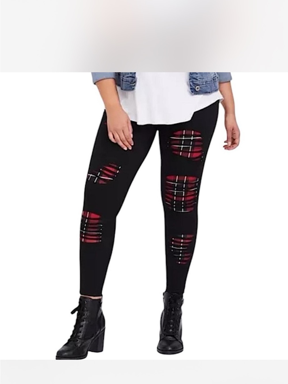 Tory Burch Black Leggings with Red Plaid Patch Details